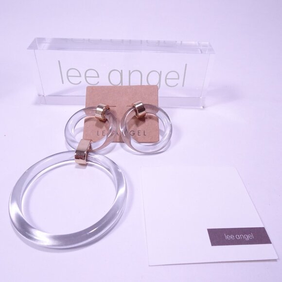 Lee Angel Light Lucite Gold Double Hoop Ball Uneven Drop Earrings NWT 110 - Picture 3 of 6